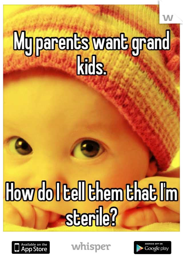My parents want grand kids. 




How do I tell them that I'm sterile?