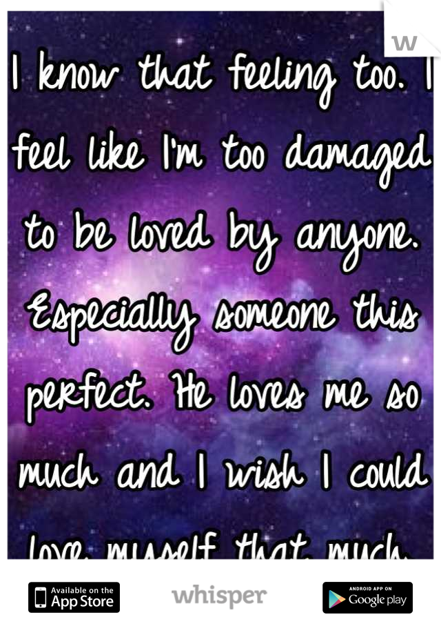 I know that feeling too. I feel like I'm too damaged to be loved by anyone. Especially someone this perfect. He loves me so much and I wish I could love myself that much.