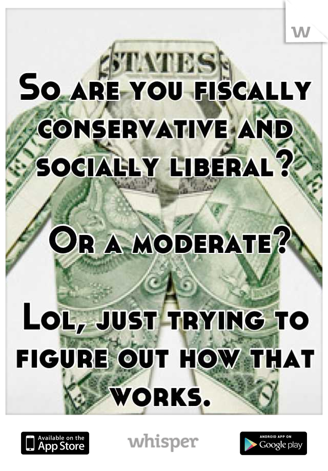 So are you fiscally conservative and socially liberal?

 Or a moderate?

Lol, just trying to figure out how that works. 