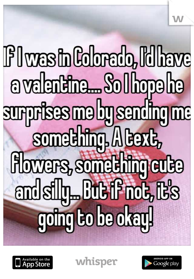 If I was in Colorado, I'd have a valentine.... So I hope he surprises me by sending me something. A text, flowers, something cute and silly... But if not, it's going to be okay! 