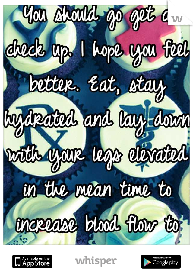 You should go get a check up. I hope you feel better. Eat, stay hydrated and lay down with your legs elevated in the mean time to increase blood flow to your head. 