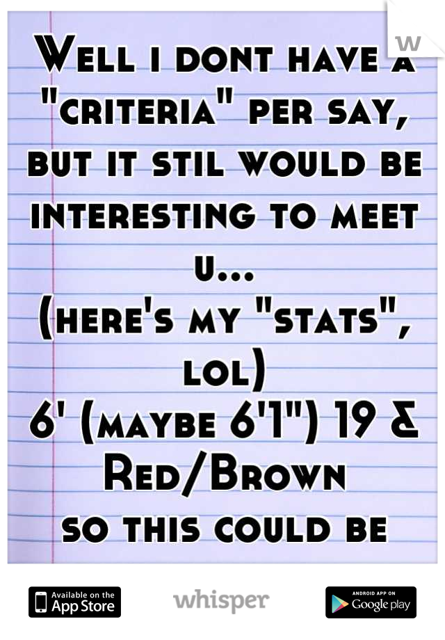 Well i dont have a "criteria" per say, but it stil would be interesting to meet u...
(here's my "stats", lol)
6' (maybe 6'1") 19 & Red/Brown
so this could be interesting...