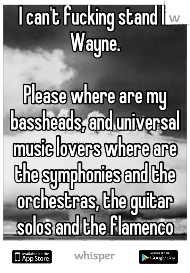 I can't fucking stand lil Wayne. 

Please where are my bassheads, and universal music lovers where are the symphonies and the orchestras, the guitar solos and the flamenco players. What happened. 
