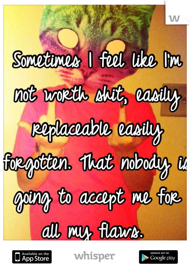 Sometimes I feel like I'm not worth shit, easily replaceable easily forgotten. That nobody is going to accept me for all my flaws. 