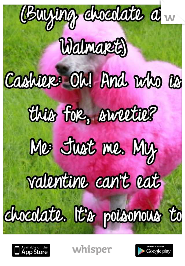 (Buying chocolate at Walmart)
Cashier: Oh! And who is this for, sweetie?
Me: Just me. My valentine can't eat chocolate. It's poisonous to dogs.