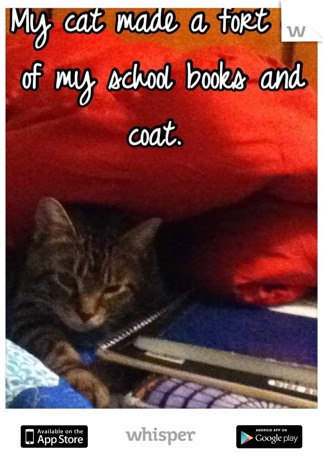 My cat made a fort out of my school books and coat. 