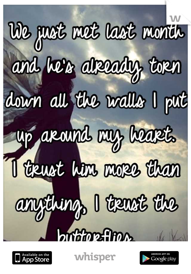 We just met last month and he's already torn down all the walls I put up around my heart. 
I trust him more than anything, I trust the butterflies.