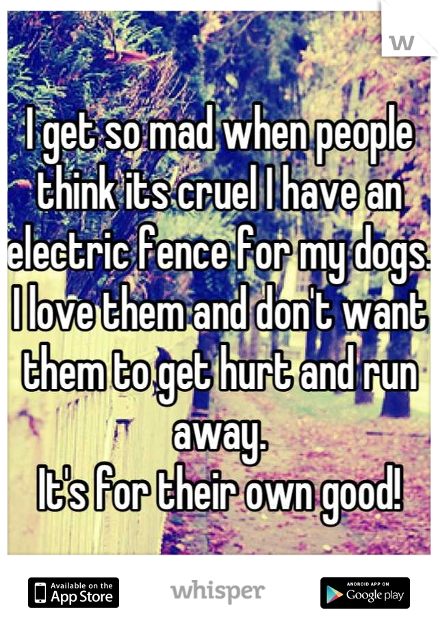 I get so mad when people think its cruel I have an electric fence for my dogs.
I love them and don't want them to get hurt and run away. 
It's for their own good!