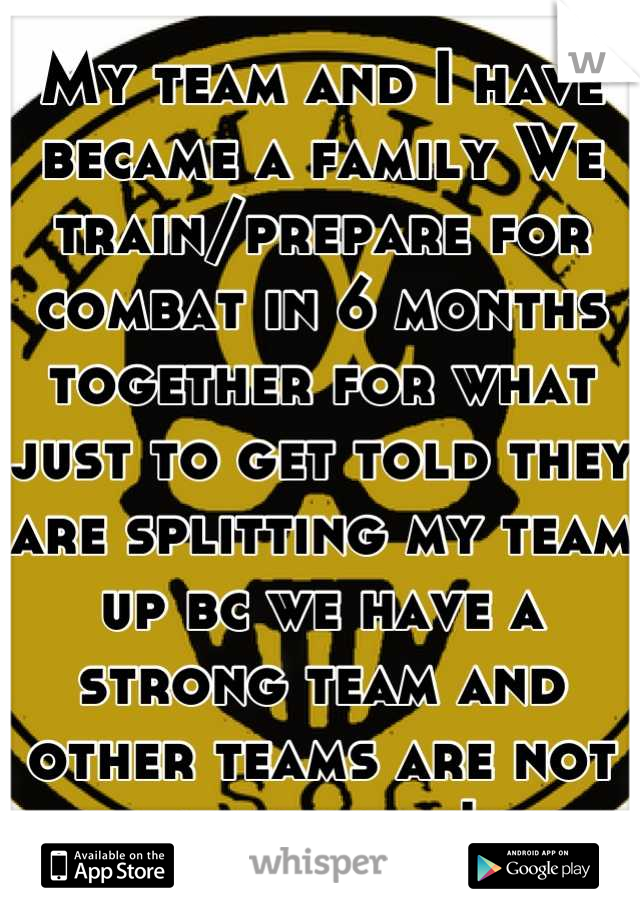 My team and I have became a family We train/prepare for combat in 6 months together for what just to get told they are splitting my team up bc we have a strong team and other teams are not as strong!