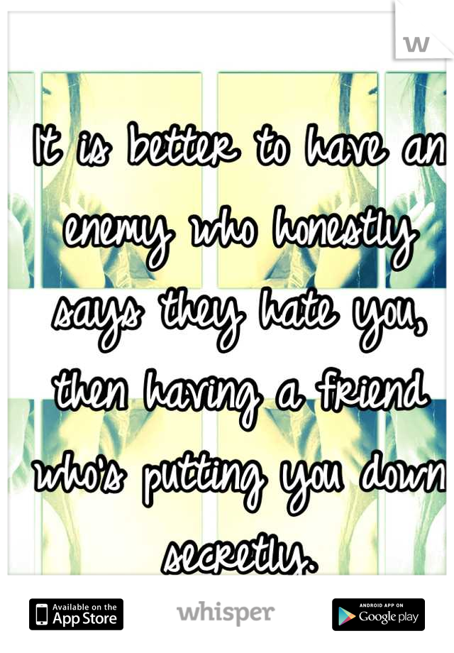 It is better to have an enemy who honestly says they hate you, then having a friend who's putting you down secretly.
