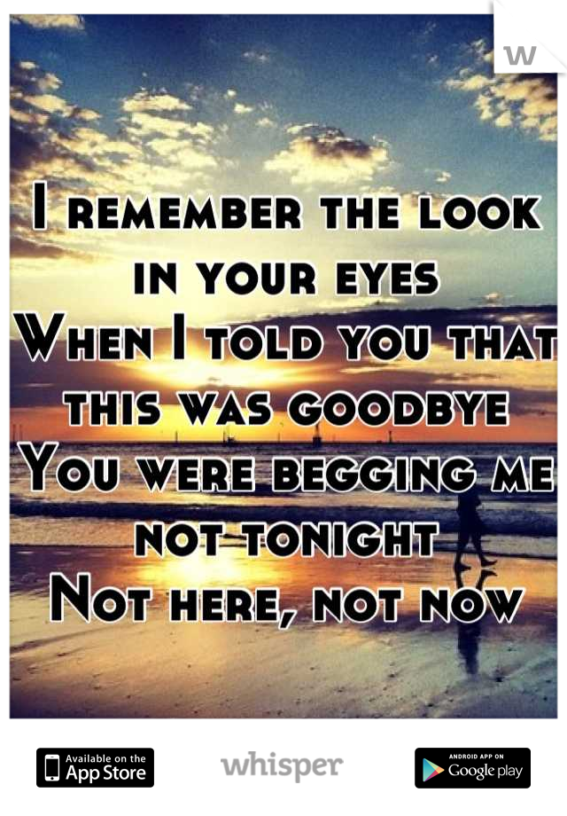 I remember the look in your eyes
When I told you that this was goodbye
You were begging me not tonight
Not here, not now