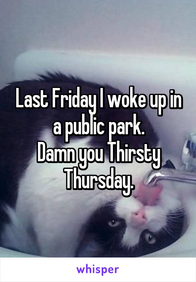 Last Friday I woke up in a public park.
Damn you Thirsty Thursday.