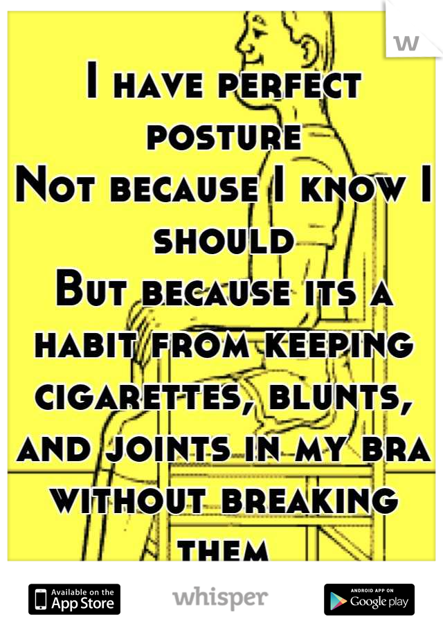 I have perfect posture
Not because I know I should
But because its a habit from keeping cigarettes, blunts, and joints in my bra without breaking them