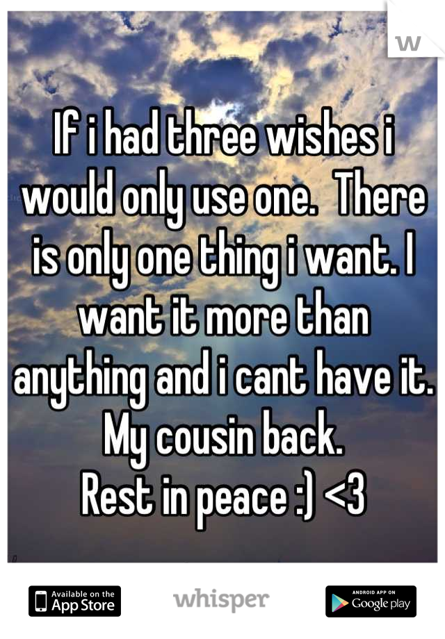If i had three wishes i would only use one.  There is only one thing i want. I want it more than anything and i cant have it. 
My cousin back. 
Rest in peace :) <3