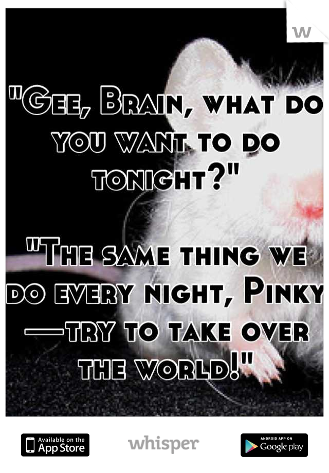 "Gee, Brain, what do you want to do tonight?"

"The same thing we do every night, Pinky—try to take over the world!"