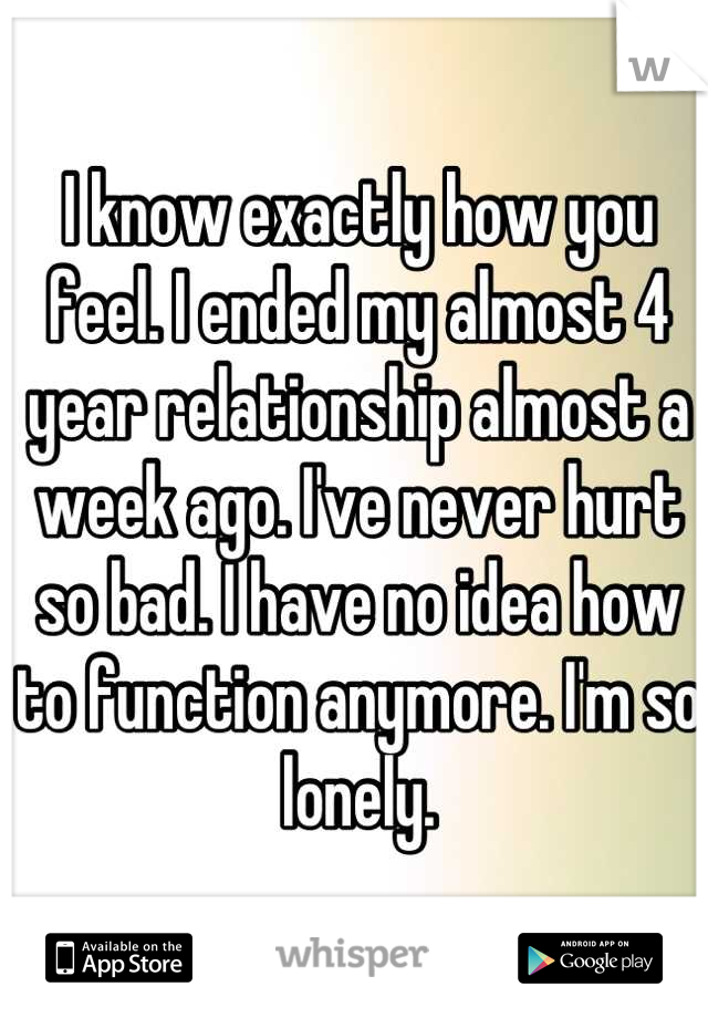 I know exactly how you feel. I ended my almost 4 year relationship almost a week ago. I've never hurt so bad. I have no idea how to function anymore. I'm so lonely.