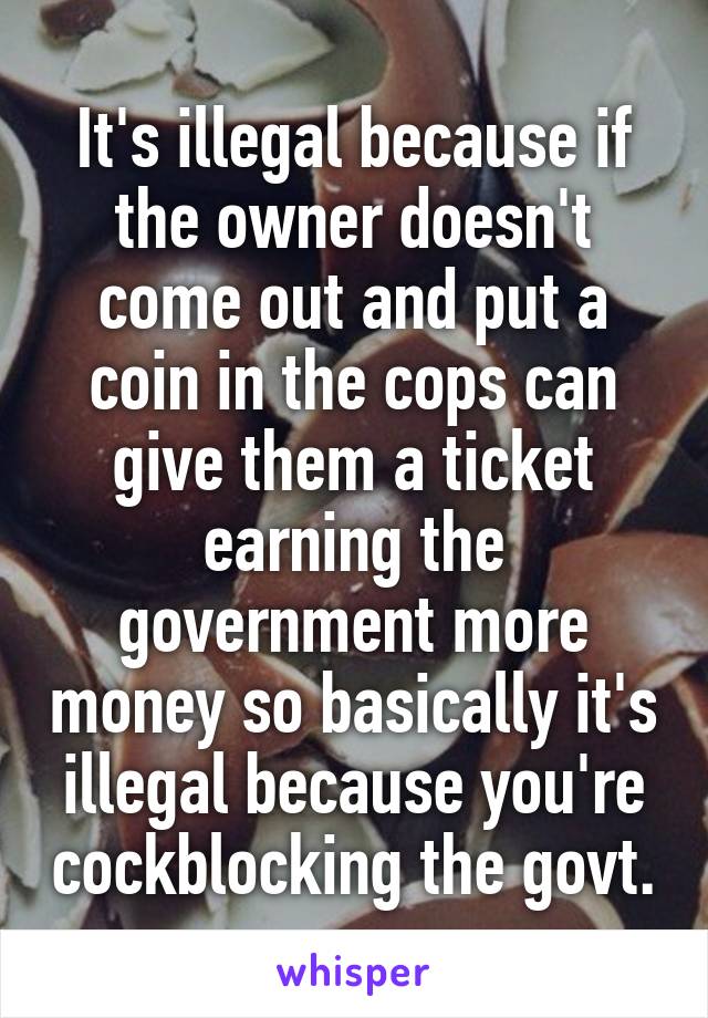 It's illegal because if the owner doesn't come out and put a coin in the cops can give them a ticket earning the government more money so basically it's illegal because you're cockblocking the govt.