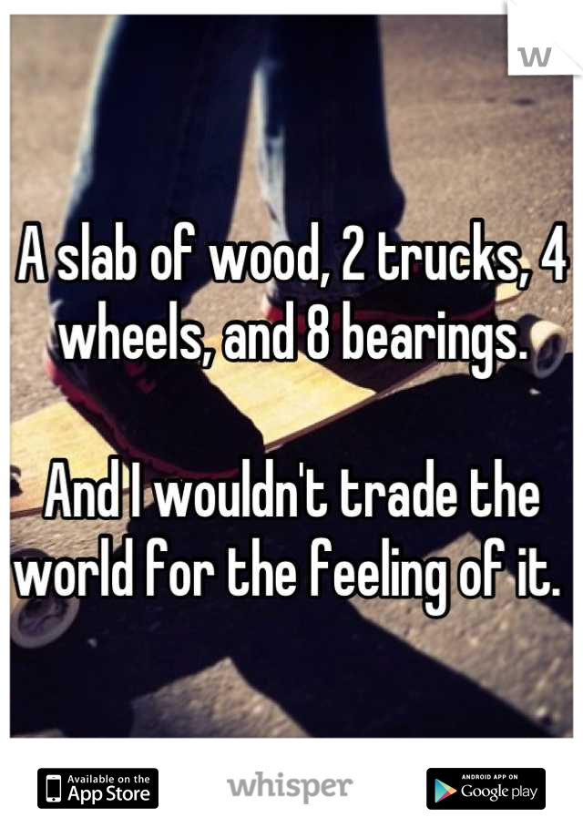 A slab of wood, 2 trucks, 4 wheels, and 8 bearings.

And I wouldn't trade the world for the feeling of it. 