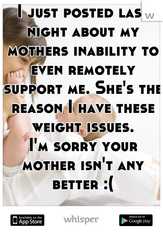 I just posted last night about my mothers inability to even remotely support me. She's the reason I have these weight issues.
I'm sorry your mother isn't any better :(