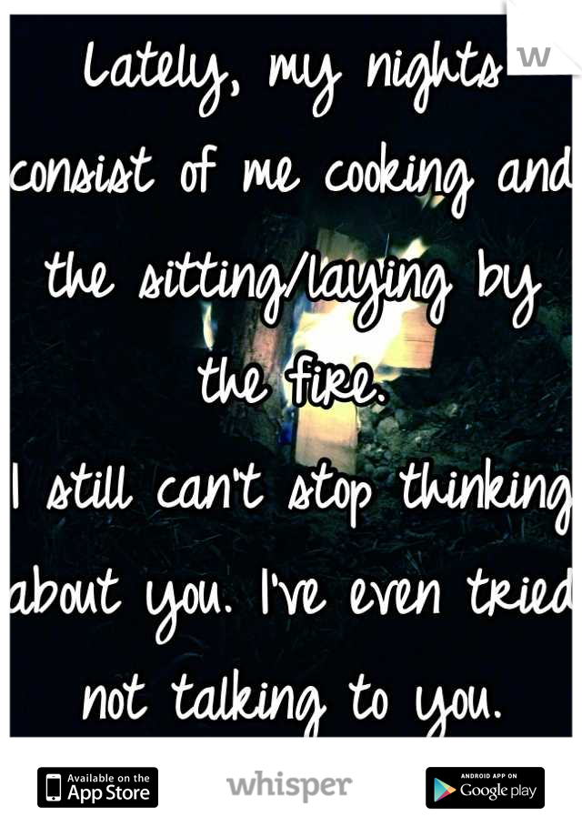 Lately, my nights consist of me cooking and the sitting/laying by the fire. 
I still can't stop thinking about you. I've even tried not talking to you. Doesn't help. 