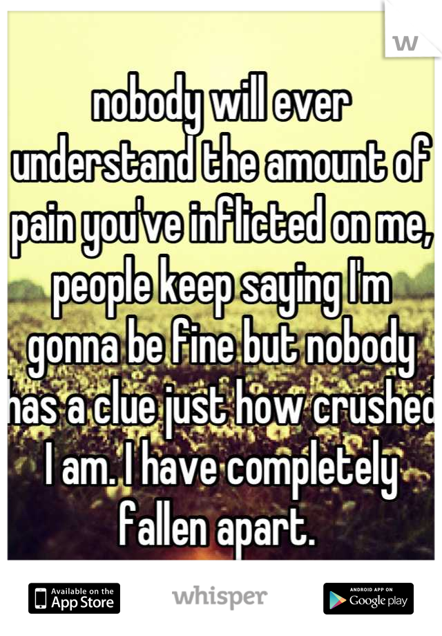nobody will ever understand the amount of pain you've inflicted on me, people keep saying I'm gonna be fine but nobody  has a clue just how crushed I am. I have completely fallen apart. 