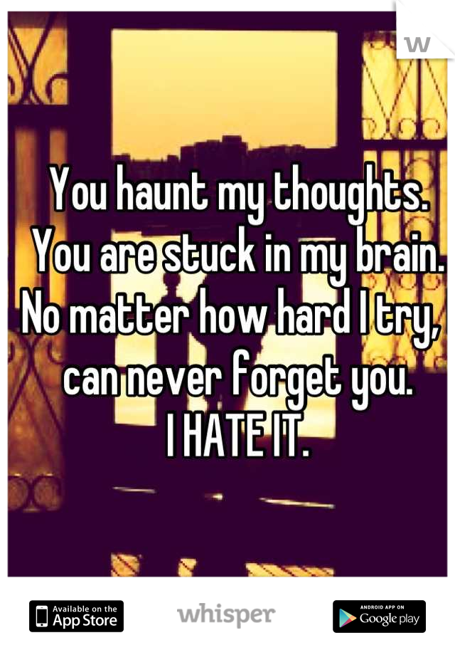 You haunt my thoughts.
You are stuck in my brain. 
No matter how hard I try, I can never forget you.
I HATE IT.