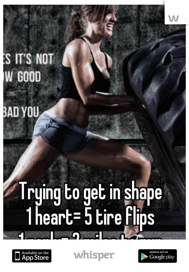 Trying to get in shape
1 heart= 5 tire flips
1 reply= 2 miles to run