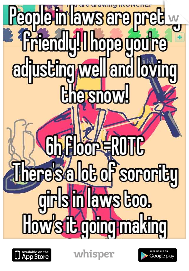 People in laws are pretty friendly! I hope you're adjusting well and loving the snow!

6h floor =ROTC
There's a lot of sorority girls in laws too.
How's it going making friends?