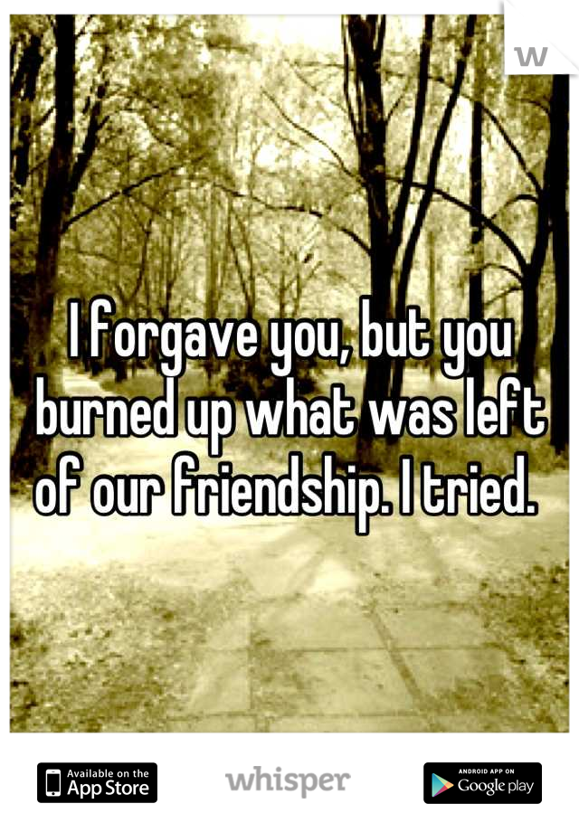 I forgave you, but you burned up what was left of our friendship. I tried. 