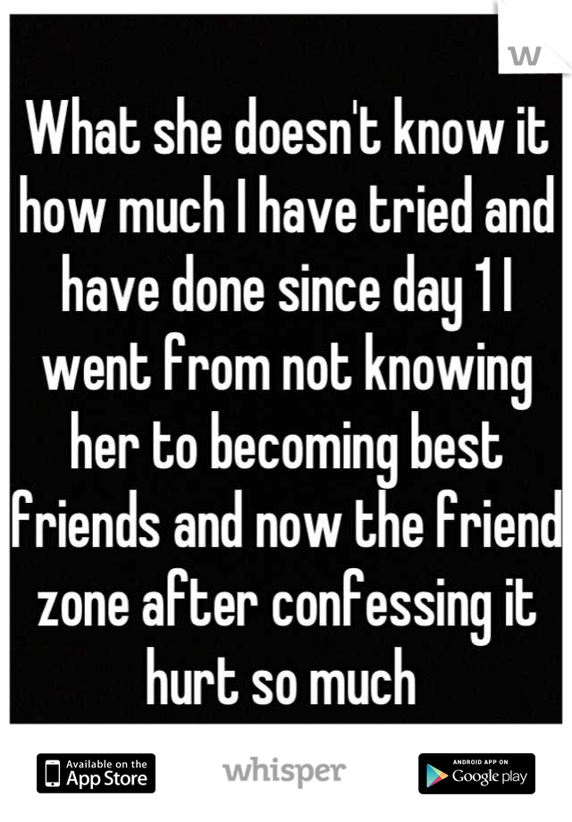 What she doesn't know it how much I have tried and have done since day 1 I went from not knowing her to becoming best friends and now the friend zone after confessing it hurt so much 