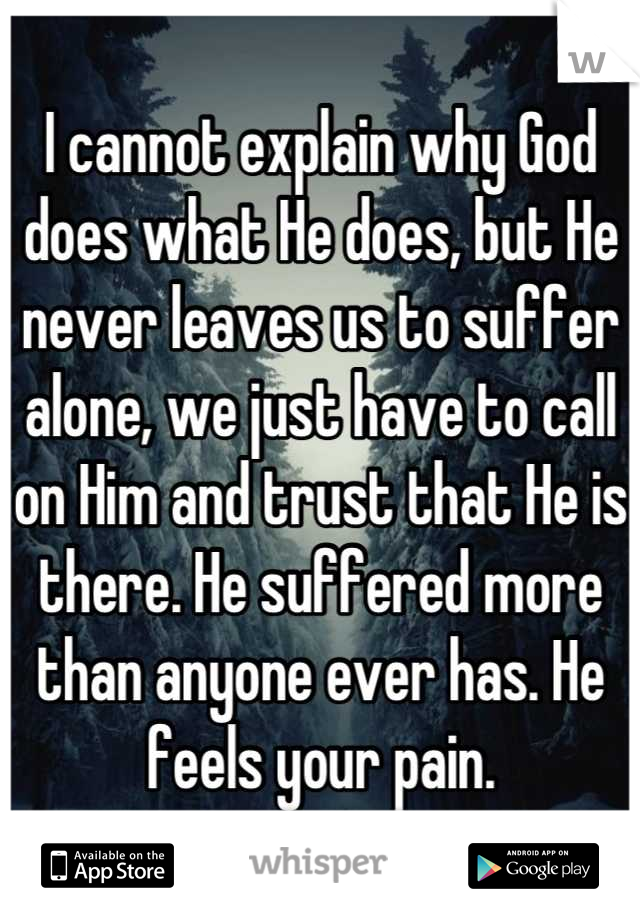 I cannot explain why God does what He does, but He never leaves us to suffer alone, we just have to call on Him and trust that He is there. He suffered more than anyone ever has. He feels your pain.