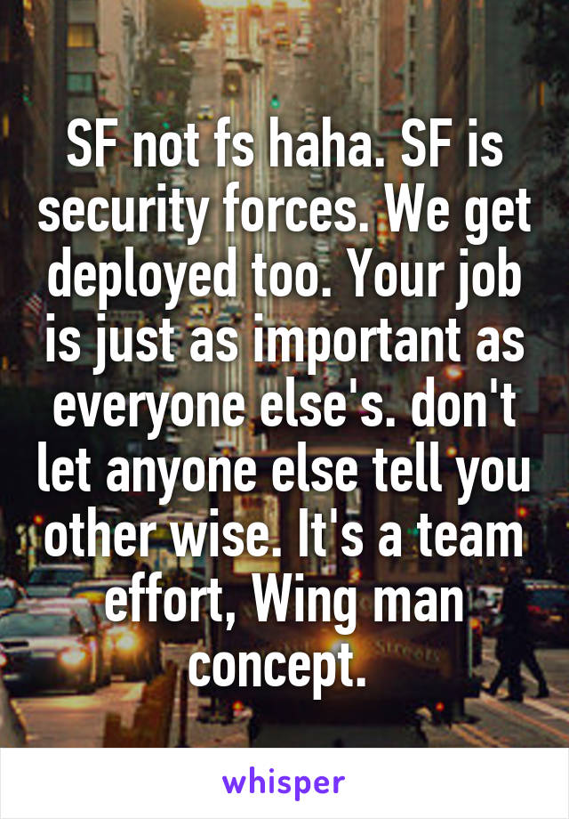 SF not fs haha. SF is security forces. We get deployed too. Your job is just as important as everyone else's. don't let anyone else tell you other wise. It's a team effort, Wing man concept. 