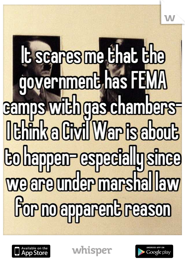 It scares me that the government has FEMA camps with gas chambers- I think a Civil War is about to happen- especially since we are under marshal law for no apparent reason