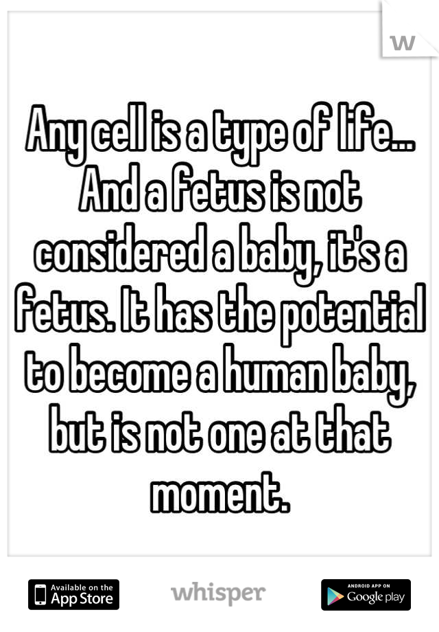 Any cell is a type of life... And a fetus is not considered a baby, it's a fetus. It has the potential to become a human baby, but is not one at that moment.