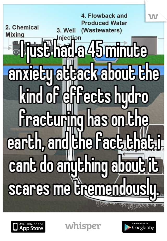 I just had a 45 minute anxiety attack about the kind of effects hydro fracturing has on the earth, and the fact that i cant do anything about it scares me tremendously.