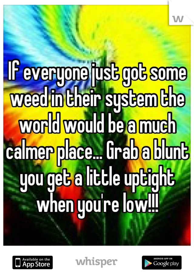 If everyone just got some weed in their system the world would be a much calmer place... Grab a blunt you get a little uptight when you're low!!!