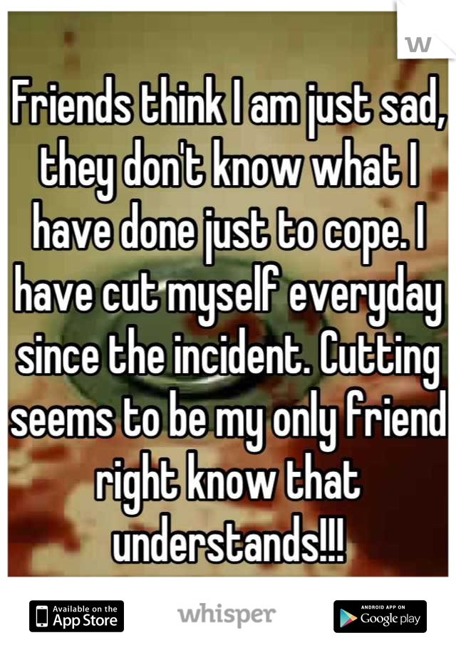 Friends think I am just sad, they don't know what I have done just to cope. I have cut myself everyday since the incident. Cutting seems to be my only friend right know that understands!!!