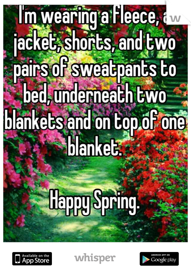 I'm wearing a fleece, a jacket, shorts, and two pairs of sweatpants to bed, underneath two blankets and on top of one blanket.

Happy Spring. 

-__-