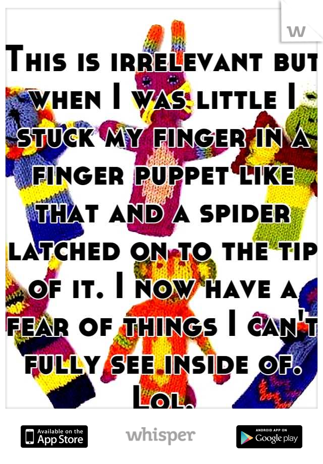 This is irrelevant but when I was little I stuck my finger in a finger puppet like that and a spider latched on to the tip of it. I now have a fear of things I can't fully see inside of. Lol.