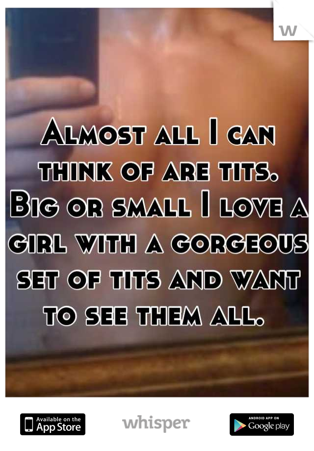 Almost all I can think of are tits. 
Big or small I love a girl with a gorgeous set of tits and want to see them all. 
