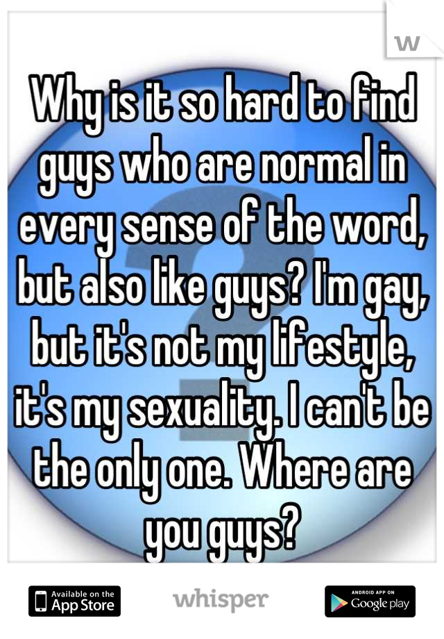 Why is it so hard to find guys who are normal in every sense of the word, but also like guys? I'm gay, but it's not my lifestyle, it's my sexuality. I can't be the only one. Where are you guys?