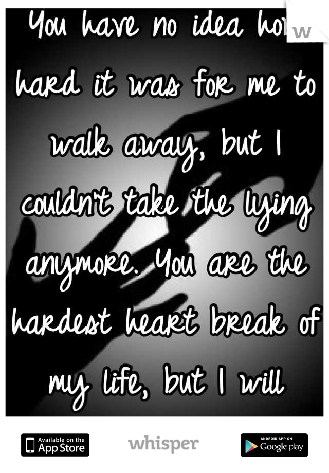 You have no idea how hard it was for me to walk away, but I couldn't take the lying anymore. You are the hardest heart break of my life, but I will survive.