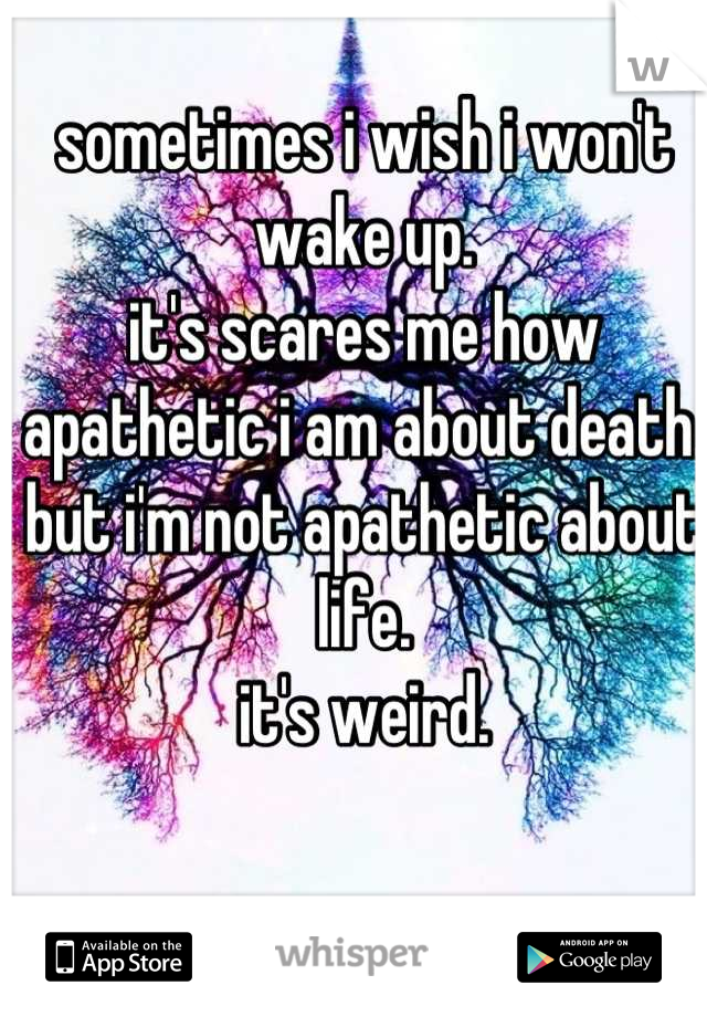 sometimes i wish i won't wake up.
it's scares me how apathetic i am about death.
but i'm not apathetic about life.
it's weird.