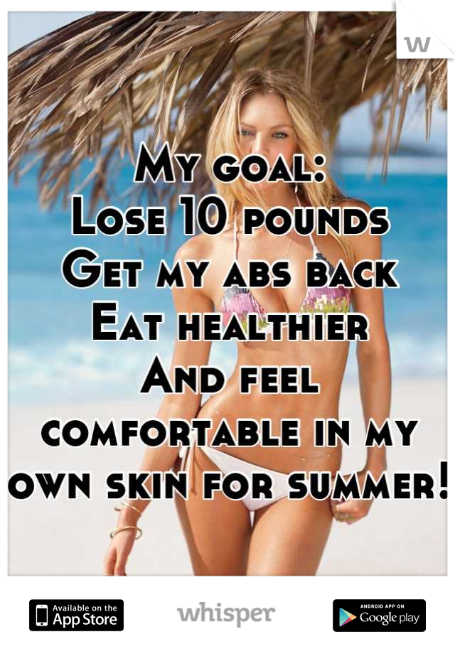 My goal:
Lose 10 pounds
Get my abs back
Eat healthier
And feel comfortable in my own skin for summer!