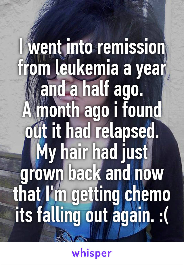 I went into remission from leukemia a year and a half ago.
A month ago i found out it had relapsed.
My hair had just grown back and now that I'm getting chemo its falling out again. :(