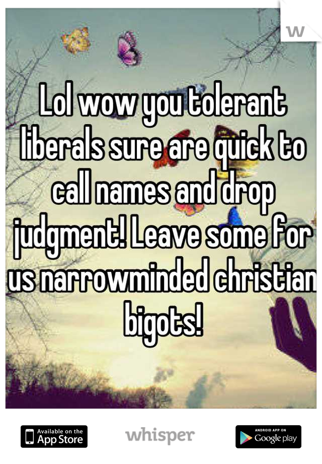 Lol wow you tolerant liberals sure are quick to call names and drop judgment! Leave some for us narrowminded christian bigots!