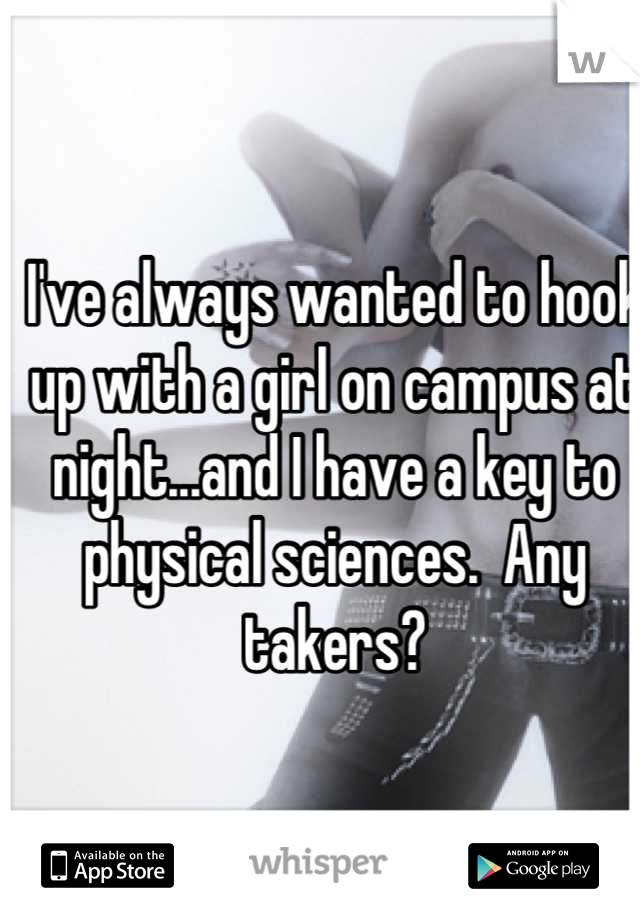 I've always wanted to hook up with a girl on campus at night...and I have a key to physical sciences.  Any takers?
