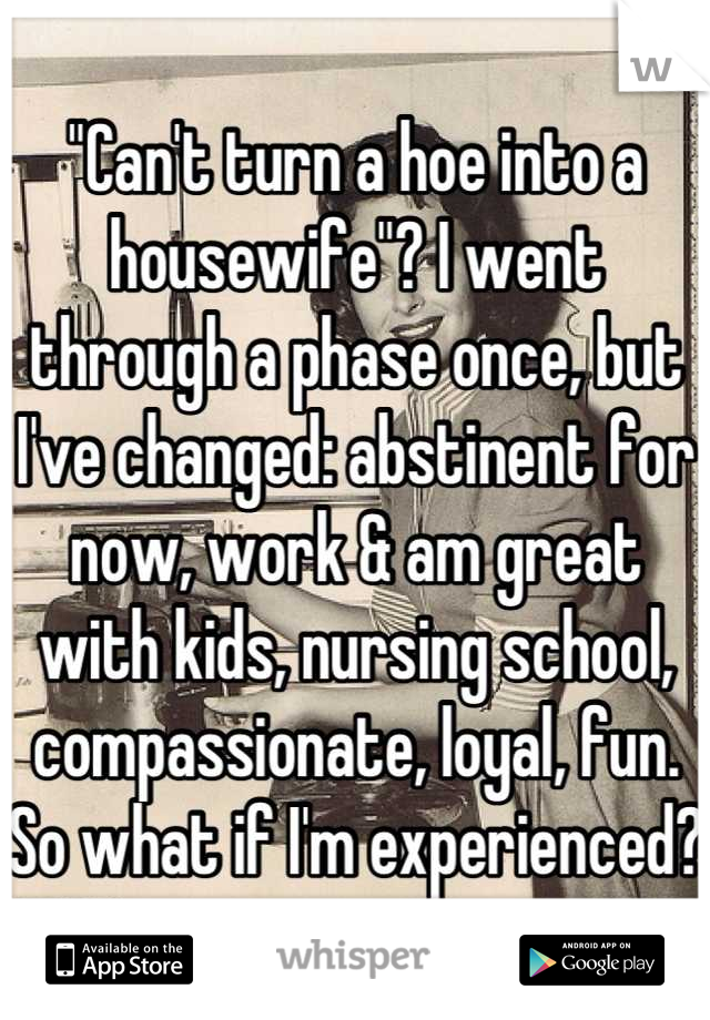 "Can't turn a hoe into a housewife"? I went through a phase once, but I've changed: abstinent for now, work & am great with kids, nursing school, compassionate, loyal, fun. So what if I'm experienced?