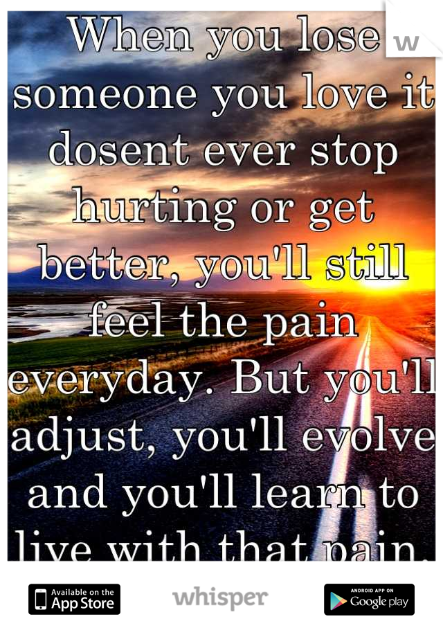 When you lose someone you love it dosent ever stop hurting or get better, you'll still feel the pain everyday. But you'll adjust, you'll evolve and you'll learn to live with that pain. And that's life.