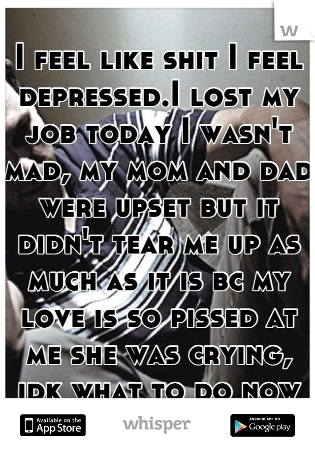 I feel like shit I feel depressed.I lost my job today I wasn't mad, my mom and dad were upset but it didn't tear me up as much as it is bc my love is so pissed at me she was crying, idk what to do now